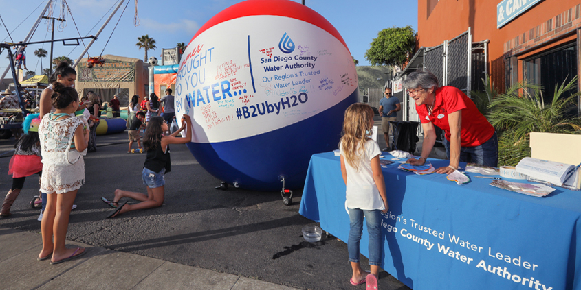 Sunset Market in Oceanside welcomed the "Brought To You By Water" giant beach ball ambassador, accompanied by Water Authority community outreach staff who provided information and answered questions about the region's water supply. Photo: Authority