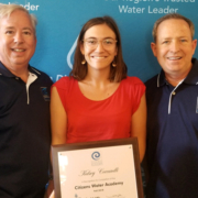 Kelsey Ceccarelli (center), the Citizens Water Academy's 500th graduate, with Water Authority Assistant General Manager Dennis A. Cushman (left) and Board Chair Jim Madaffer (right). Photo: Water Authority