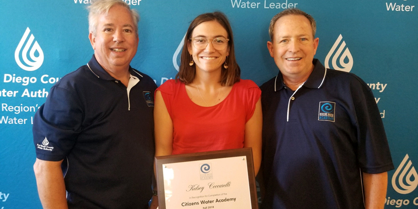 Kelsey Ceccarelli (center), the Citizens Water Academy's 500th graduate, with Water Authority Assistant General Manager Dennis A. Cushman (left) and Board Chair Jim Madaffer (right). Photo: Water Authority