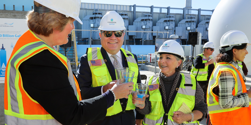 L to R: Water Authority Deputy General Manager Sandra Kerl, Poseidon Water CEO Carlos Riva, and former Senator Barbara Boxer share a toast at Thursday's third anniversary event at the Carlsbad desalination plant. Photo: Water Authority
