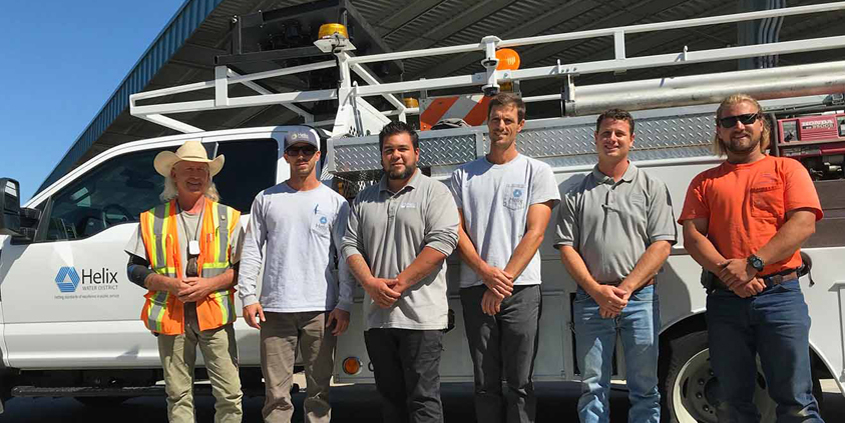 (L to R) Helix WD employees John Wilson, Eric Hughes, Dan Baker and Bryan Watte, and Padre Dam MWD workers Jesse Knowles and Austin Darley. Photo: Helix Water District Paradise Irrigation District