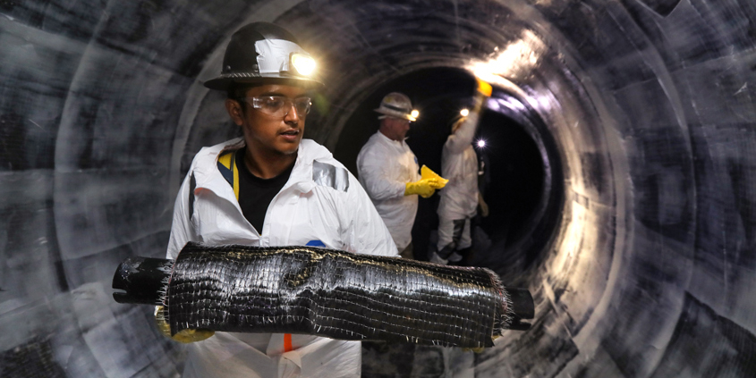 Crews install a carbon fiber liner in Pipeline 4 in October 2019 to give the pipeline several more years of service while a longer-term solution is developed and deployed.