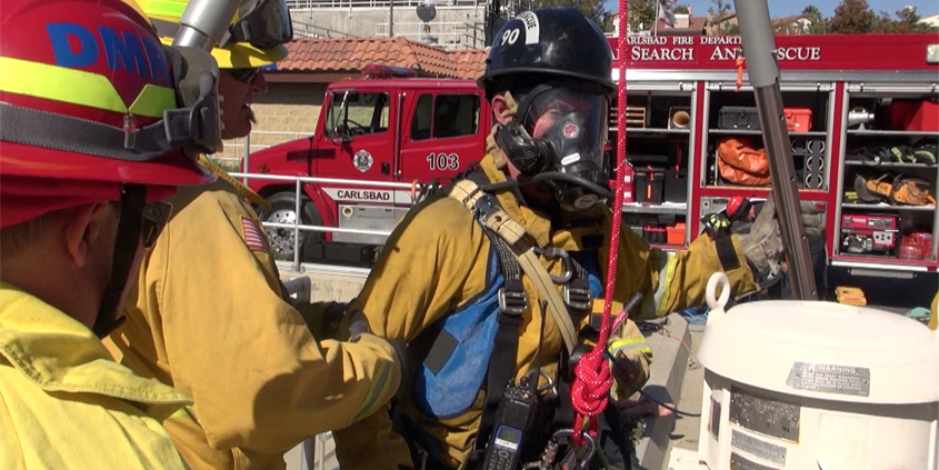 A firefighter prepares to access the Meadowlark Reclamation Facility as part of confined space training drills conducted with the Vallecitos Water District. Photo: Vallecitos Water District