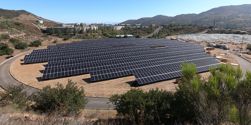 The Vallecitos Water District Twin Oaks Reservoir dual solar panel array is expected to be completed in November 2020. Photo: Vallecitos Water District Solar Project