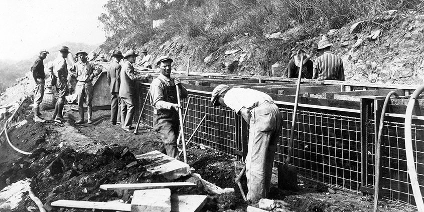 One of 11 gunite bench sections along the Flume under construction in 1925. The Flume is the Vista Irrigation District’s main water conduit and has been indispensable in the area’s development. When water first flowed through the Flume, the District served a population of 337, compared to serving 134,000 customers today. Photo: Vista Irrigation District celebrates